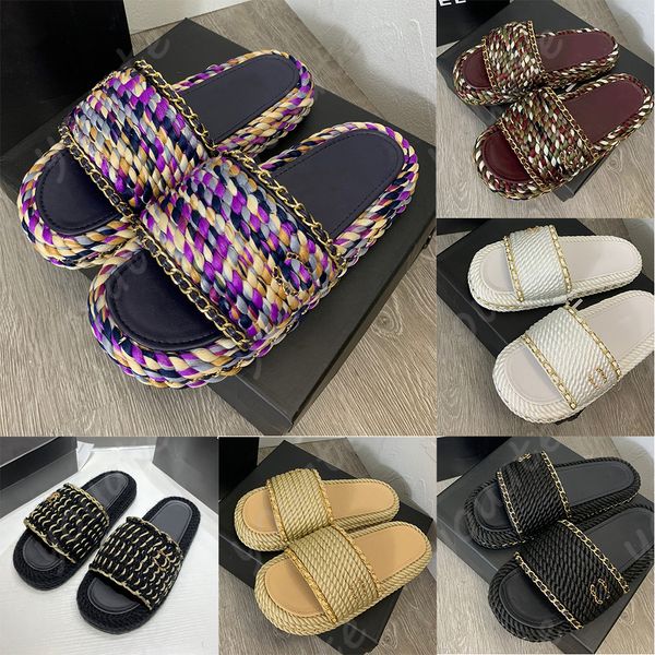 Sandalen Frauen Strohplattform Designer Schaffell Schlitten Luxusschuhe Neue farbenfrohe Flip Flops Geflecht Geweberutsche Ketten Hanf Seil Strandschieber Dicke Boden mit Kasten