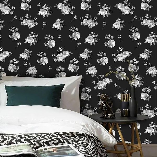 Papéis de parede vintage Rose branca PVC Floral Wallpaper Floral Peel Snd Stick Black Flor Retro Decoração Removível Gabinete à prova d'água Adesivo