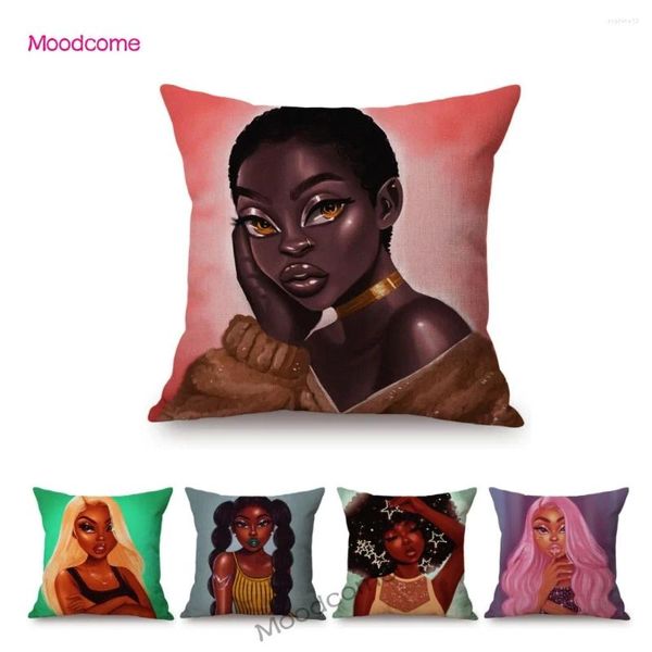 Yastık Pembe Moda Afrika Siyah Kız Renkli Saç Şık Funky Cartoon Sofa Atma Kılıf Pamuk Keten Dekoratif Kapak