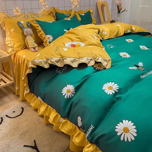 Клетки для постельных принадлежностей Двусторонние оборки Leka Cottoned Cover Set Luxury Mite для девочек с плиссированными подушками для кровати шкалы стеганых одеял