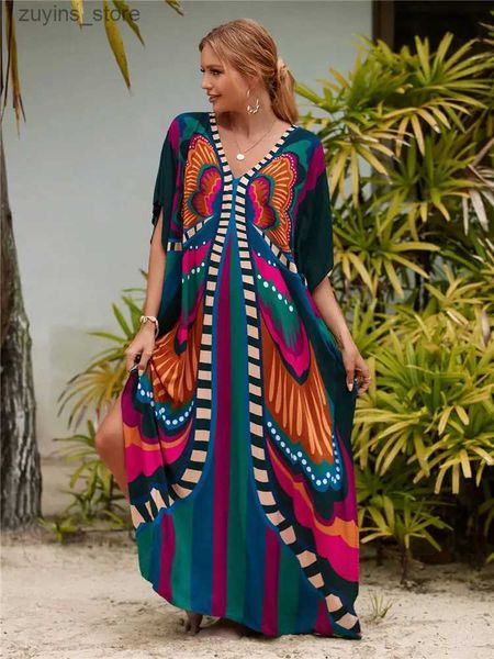 Vestidos casuais básicos 2023 Multicolor Kaftan Bohemian Impressa Vido maxi de canela Batwing de decote em V para mulheres praia de praia vestidos Robe Q1342 L49
