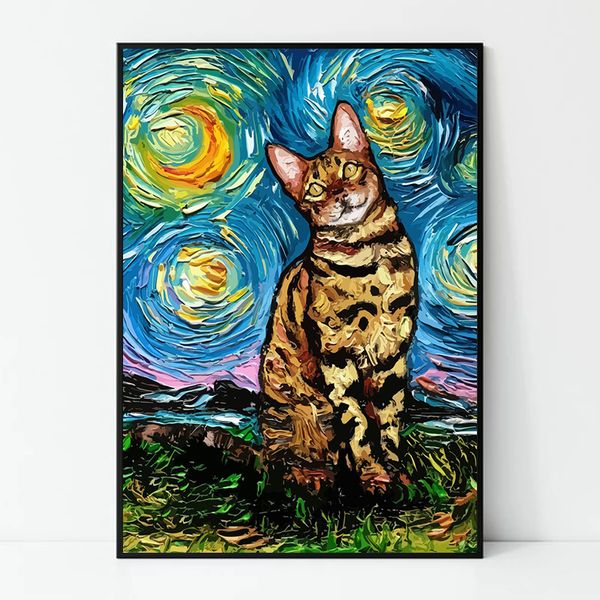 Cat Starry Night Van Gogh Canvas Gemälde abstrakte Kunstplakate und Drucke Wandkunstbild für Wohnzimmer Home Dekoration