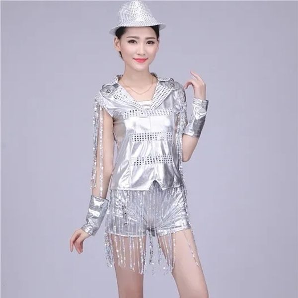 Neue Pailletten von Erwachsenen Outfit Jazz Tanz Kostüm Shirts Shorts Set moderne Leder Cheerleader koreanische holographische Bühnensänger rot