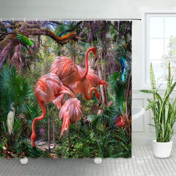 Cortinas de chuveiro Jungina tropical Flamingo Plantas verdes