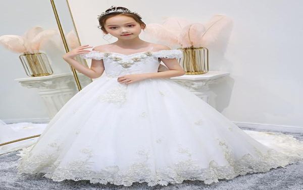 Vestido branco da primeira comunhão para garotas, vestido inchado 3D de flores fora do ombro, vestido de menina de menina de festa de crianças