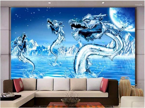 Papéis de parede 3d papel de parede personalizado pó mural azul gelo dragão de água decoração de sala de estar de pintura de pintura para paredes 3 d