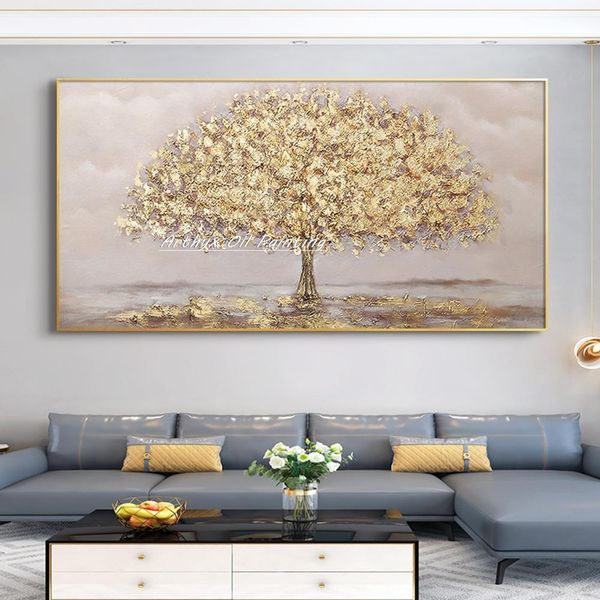 Arthyx Feito à mão Pintura a óleo de árvore à mão em tela, Moderno abstrato Arte da parede da paisagem dourada, imagem para Living Beroom, decoração de casa