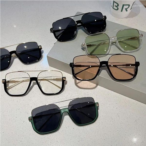 Óculos de sol Moda Vintage Big Square Half Metal Frame UV400 Sun Shades Mulheres Menino Menino Design de marca Trendy Glasses Eyewear 2024