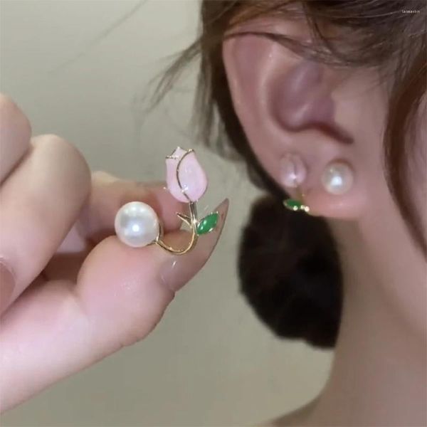 Orecchini per borchie francese Floom Pink Tuilp Flower Pearl for Women 2024 Korean Exquisite Earring Party Gioielli Luce regalo di lusso