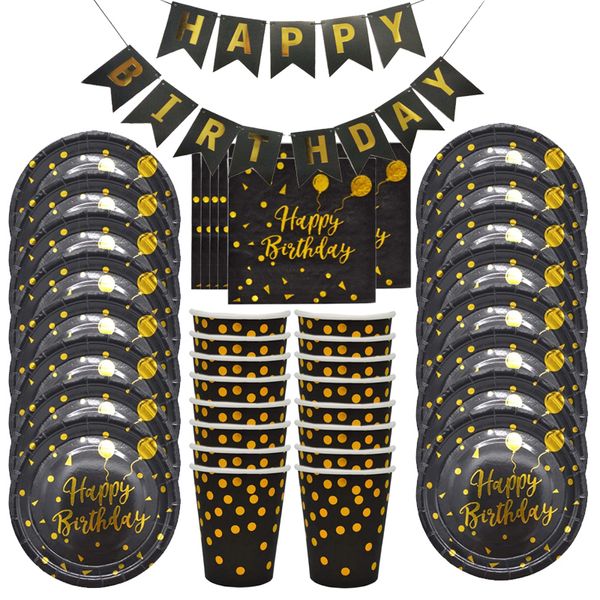 49pcs Gold Dot Happy Birthday Party Tares Set Paper Papier Schwarzpapier Teller Servietten Tassen für Männer Frauen Geburtstagstabellware Dekor Dekor