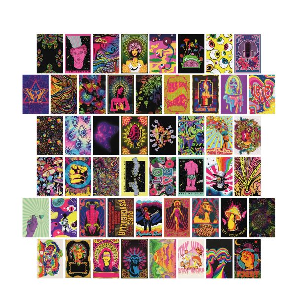 50 pezzi Kit estetico per il collage per pareti trippy vintage retrò, arredamento della stanza hippie trippy, parete fotografica, poster estetici