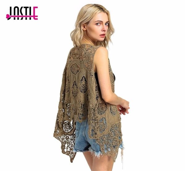 Jastie Hippie Froral Patch Design Vest Retro Vintage Crochet Summer Beach Crest Up Top Asymmetric Open Stitch Kimono Cardigain 1027021425