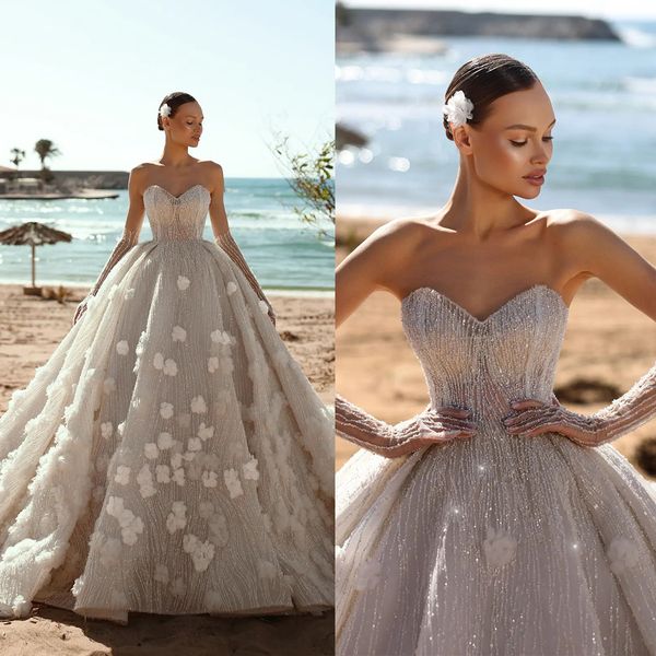 Elegant eine Linie Frauen Hochzeitskleid Schatz Hals ärmellose Brautkleider 3D -Appliken Pailletten Sweep Zugkleid Custom Made Vestidos de Novia