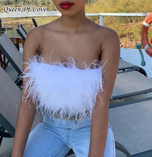 New Summer White Fluffy Feather Sleveless Top Girls MidfirrBaring Tubos macios Tops Moda Mulheres Tanques pessoais 2104209161868