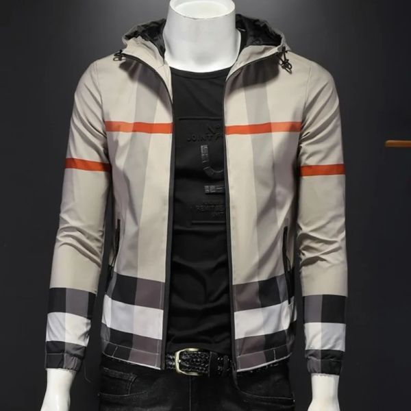 Jaqueta de capuz casual de alta qualidade Casual Chaki Lattice Pattern Padrice Men de manga longa de manga longa Slim Top Bomber