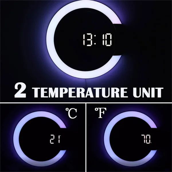 7 cores Relógios de parede LED Termômetro Controle remoto Remoto colorido criativo espelho LED Relógio de parede Relógio Digit de relógio Decoração de casa decoração