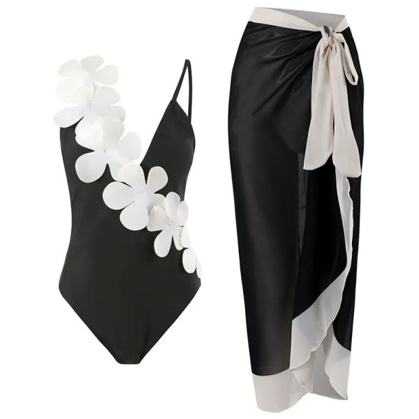 Mulheres de maiô de flor branco Mulheres 2023 Saia de cintura alta biquíni preto 3 peças Monokini Brasilian Tanho Conservador Terno de banho QJY