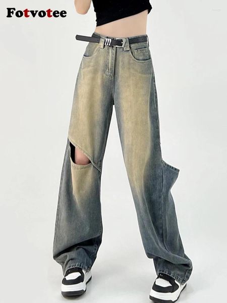 Frauen Jeans fotvotee gerissener Freund für Frauen hohe taille weite Beinhose Baggy gerade in voller Länge Streetwear Vintage Mutter Denim