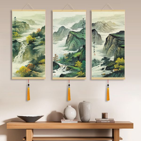 Paisagem caligrafia pintando casas de chá pergaminho pintura presentes de seda feng shui famosa decoração de parede canvas pintando arte de parede de parede luxo