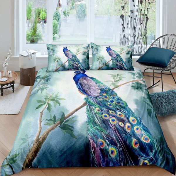 Conjunto de capa de edredão do pavão Conjunto de cama de padrão floral Conjunto de roupas de cama retrô penas de penas de penas de fábrica de ex -edredom de luxo Conjunto de colcha de luxo