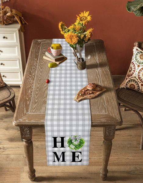 Spring Farmhouse Garland Grey Grid Tisch Läufer Hochzeit Couchtisch Dekor Tischdecke Urlaub Küche Esstisch Läufer Läufer