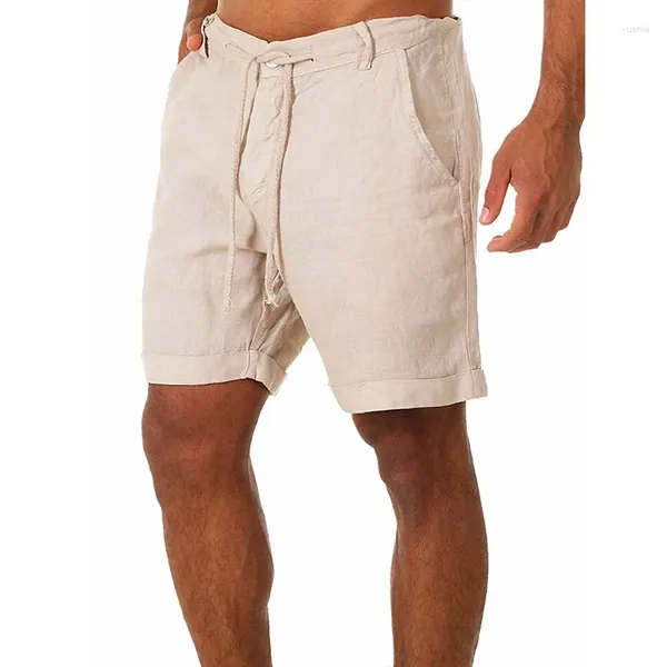 Erkek şortları düz renkli beyaz fit erkek tarzı keten koşu spor gündelik yaz elastik bel tether giyim
