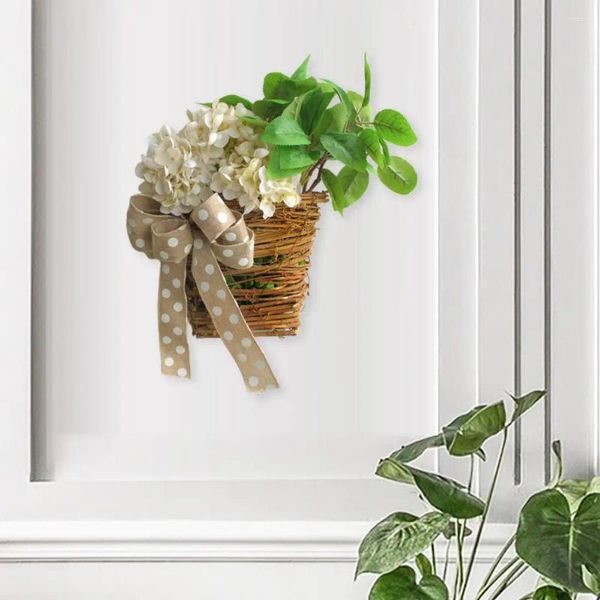 Dekorative Blumen Blumenkorb mit Sackleinen Bogenknoten -Haustür Dekoration Elegante künstliche Hortensie Rattan für Innenräume