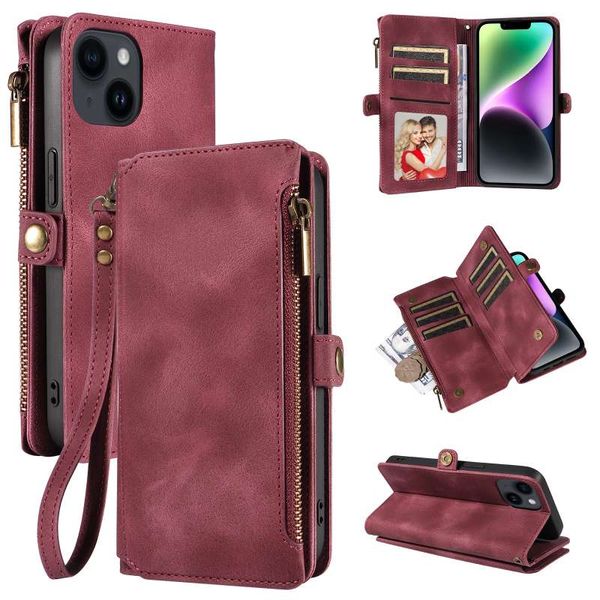 Caixa de telefone Designer Flip Zipper Bag Wallet Caso do iPhone Caso de couro Wristled Case Red Adequado para iPhone 15 Promax, Apple 14 iPhone 13 Apple 12 iPhone 11 iPhone X