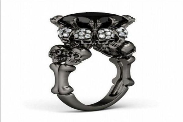 Brand Punk Jewelry Skull 10kt Black Gold Princess preenchido com 5ct Black Sapphire Cocktail Bands Ring For Mulheres Men61410834182049