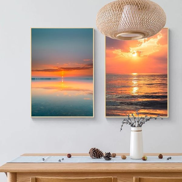 Seaside Sunrise Sunset Seascape Plakate und Drucke Strand Ozean Wandkunst Bilder Leinwand Gemälde Wohnzimmer Wohnzimmer Dekor Cuadros