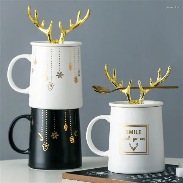 Canecas canecas de café com chumbo de ouro cerâmico com tampa e colher de café da manhã leite de leite casal copo de drinques de natal presente de natal