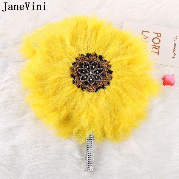 Janevini African Turkey Feather Hand Fan vintage Casamento Damas de honra Fãs de noiva Great Gatsby Dance Fan Purple Flower Bouquets