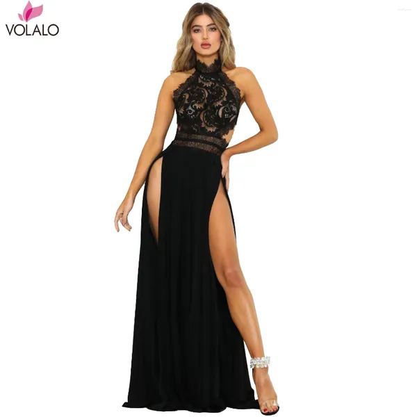 Vestidos casuais Volalo Women Summer Club Sexy Lace Seda Elegante Halter Fashion Party Night Maxi Dress