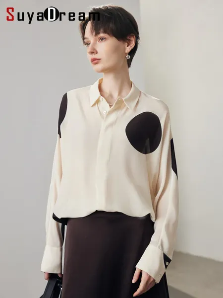 Blouses femininas Suyadream Mulheres impressas Blussed Silk Crepe de Chine Bat Manguela camisas soltas 2024 Top casual de verão