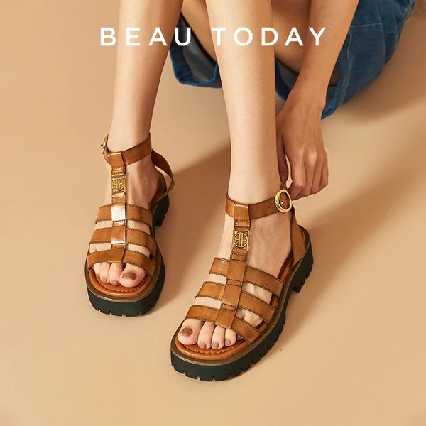 Beautoday Gladiator Sandals Women Women Genuine Leather redonda redonda do tornozelo Metal Platform Summer Ladies Shoes Handmade 38215 240326