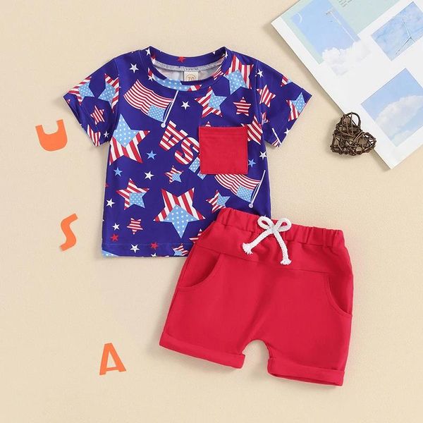 Kleidungssets Suefunskry Kleinkind Jungen Independence Day Outfits Star Print Short Sleeves T-Shirt und Elastic Shorts für 2-teilige Urlaubset