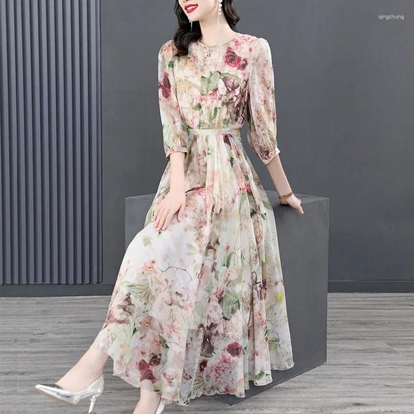 Повседневные платья 2024 Летнее шелковое платье Женская одежда Floral Beach Boho для Midi Plus Elegant vestidos