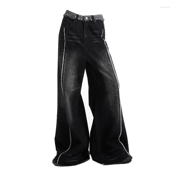 Jeans femininos Black Ragud Edge calça Moda Marca 2024 Autumn Arrancando as calças de jeans de perna larga de estilo largo