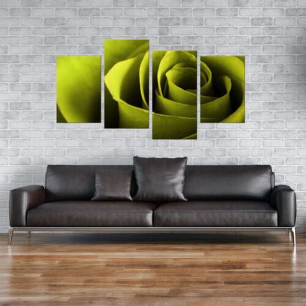 4 peças Lime verde rosa floral flores modular mural mural impressão arte tela pôster imagens pinturas para decoração de casa de sala