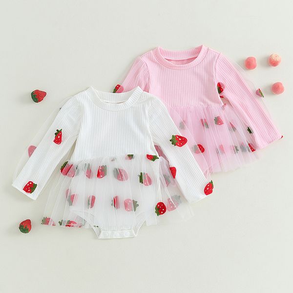 EWODOS Toddler infantil meninas fôlego Bodysuits Sweet Strawberry Tulle Mesh Mesh retalhos de retalhos de manga longa vestidos