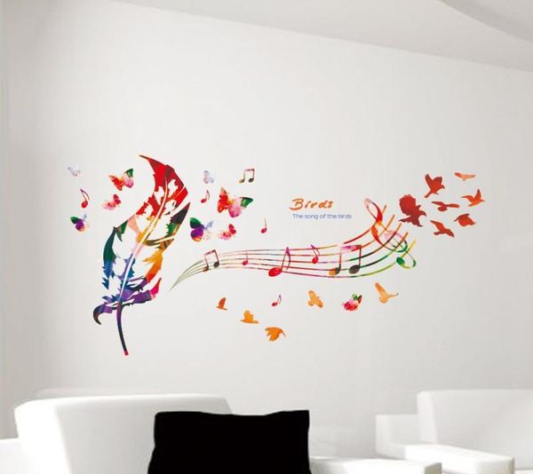 Music Notiz Bunte Feder Wandtattoos Schmetterlingsmuster Das Lied der Vögel zitieren Wandaufkleber DIY Home Dekoration Tapete Art D7028672