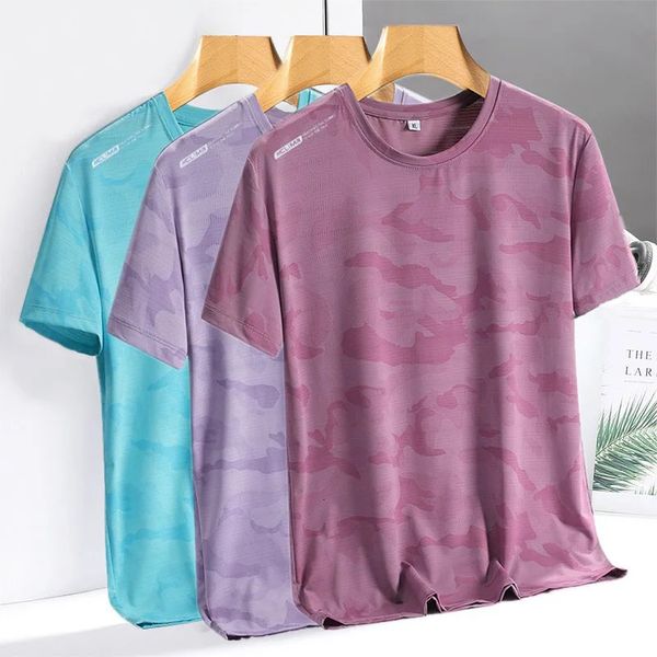 Women Ice Silk T-Shirt Camouflage Sommer dünne atmungsaktive Kurzarmplätze Lose lässige weibliche Fitness-Sport-T-Shirts 240403