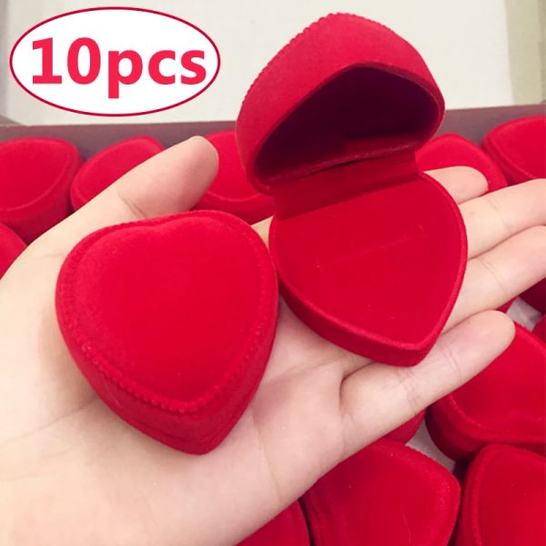 10pcs Red Velvet Heart Ring Box Jóias Exibir caixas de presente Caixas de presente Casamento Organizador romântico Anel de engajamento por atacado