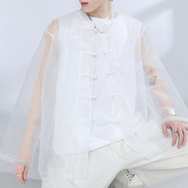 Nuova camicia da uomo in stile maschile in stile cinese Tagns Abito a coda Solido tradizionale China Vintage Shirt Hanfu Plus Size Sexy Mesh Abiti