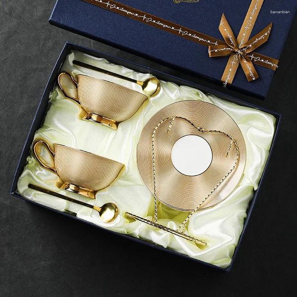 Tassen Europäische Kaffeetasse Set Bone China Keramik Tee Marmorstreifen Luxusgeschenke Porzellan Getränke Tassen Paar Tasse Geschenkbox