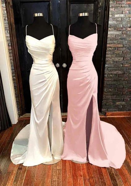 Вечеринка красивые розовые складки V Necks High Slit Long Prom Prome Sexy Lace Up Sackless Satin Mermaid Spaghetti Braps Формальный вечер