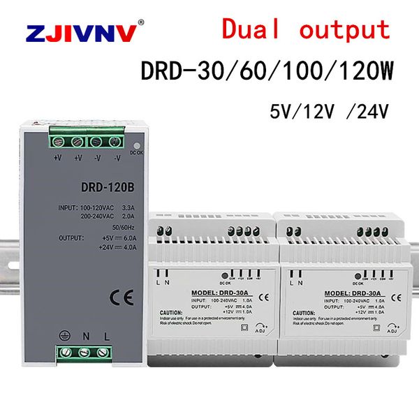 DIN Demiryolu Tip İki Grup 12V 24V 5V 1A 2A 3A Anahtarlama Güç Kaynağı Çift Çıkış DC Güç Kaynağı DRD-30/60/100/120W