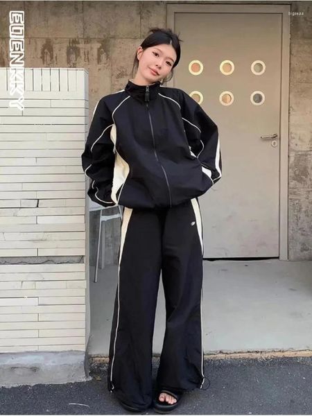 Zweiteilige Hosen für Frauen Vintage Y2K Black Joggers Set Women Retro Streetwear Hip Hop Tracksuit Übergroße Zipper Sportjacke Harajuku