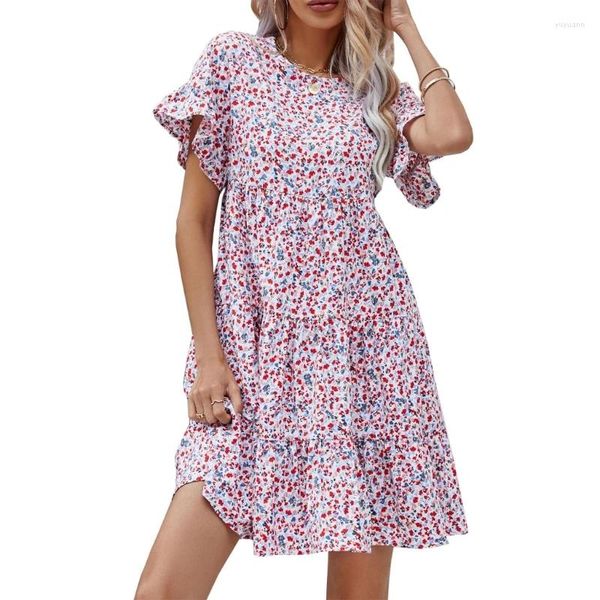 Lässige Kleider Damen Sommer Tier Punkt Druck runden Halsschwung Midi Kleid Kurzarm O-Neck Rüschen Saum Loose A-Line Dropship