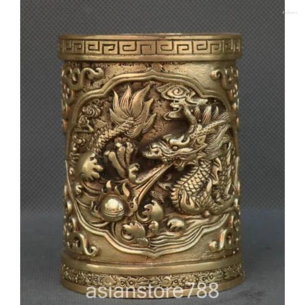 Estatuetas decorativas marcadas com bronze chinês ano zodíaco dragão animal estátua escova vaso de lápis